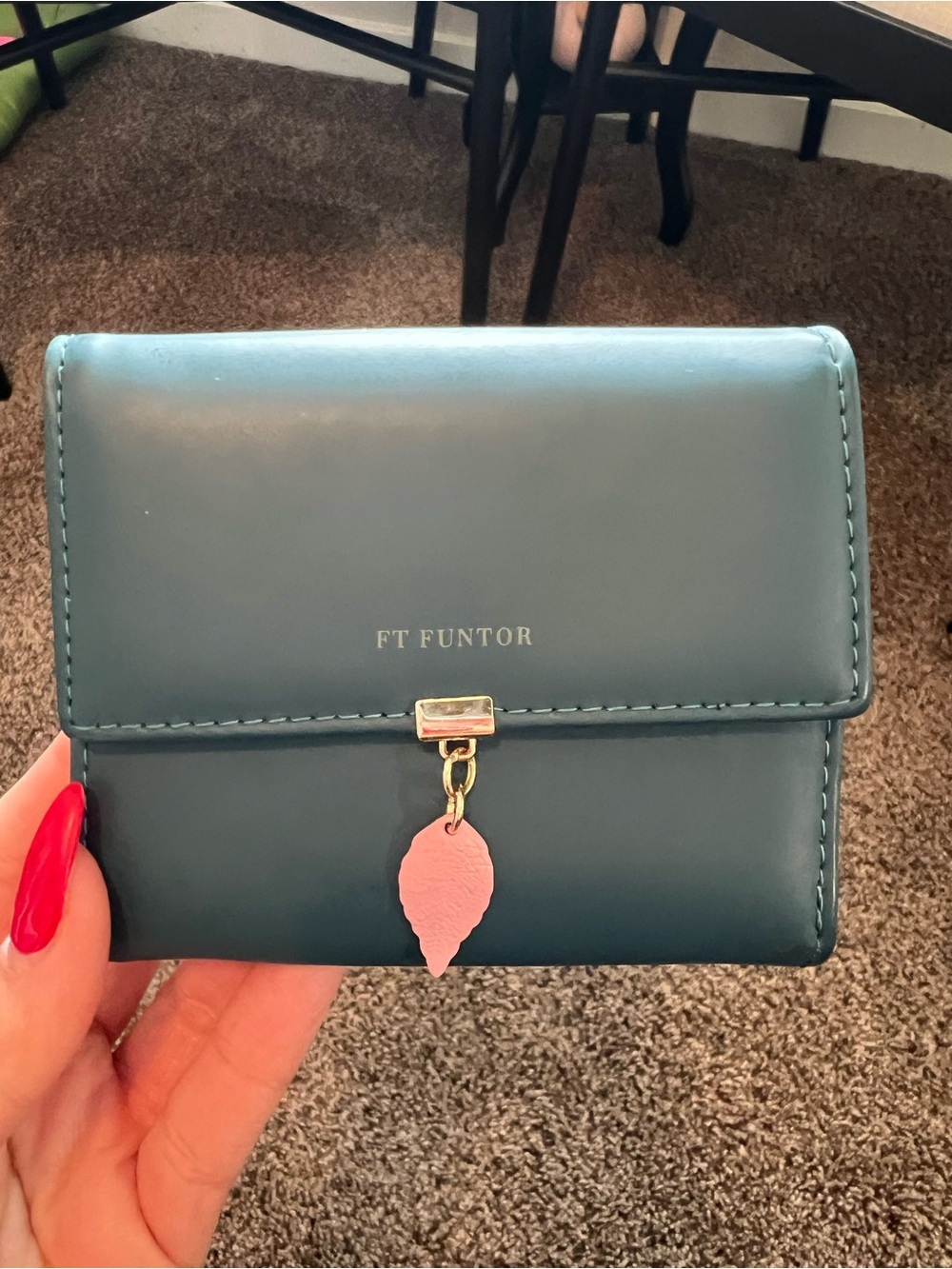 FT Funtor Teal Women's Compact Wallet with Pink Leaf Charm